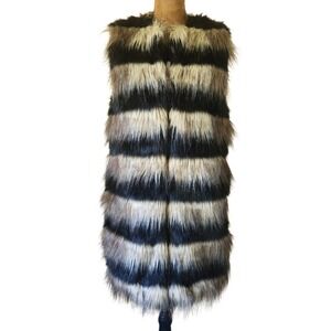 Stradivarius Faux Fur Striped Long Line Vesr Women's‎ Size S Pockets Glam